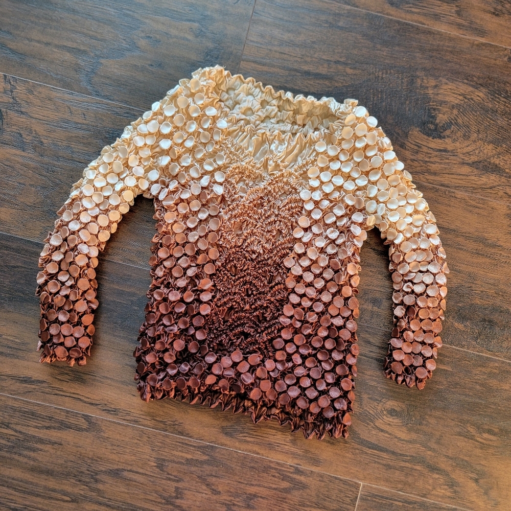 vintage y2k brown tan popcorn stretch top crop club 3/4 sleeve ombre dip dye